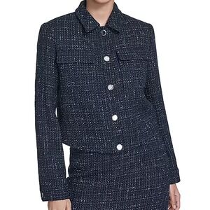 Calvin Klein Boucle Cropped Long Sleeve Button Up Collared Jacket Womens Size 6